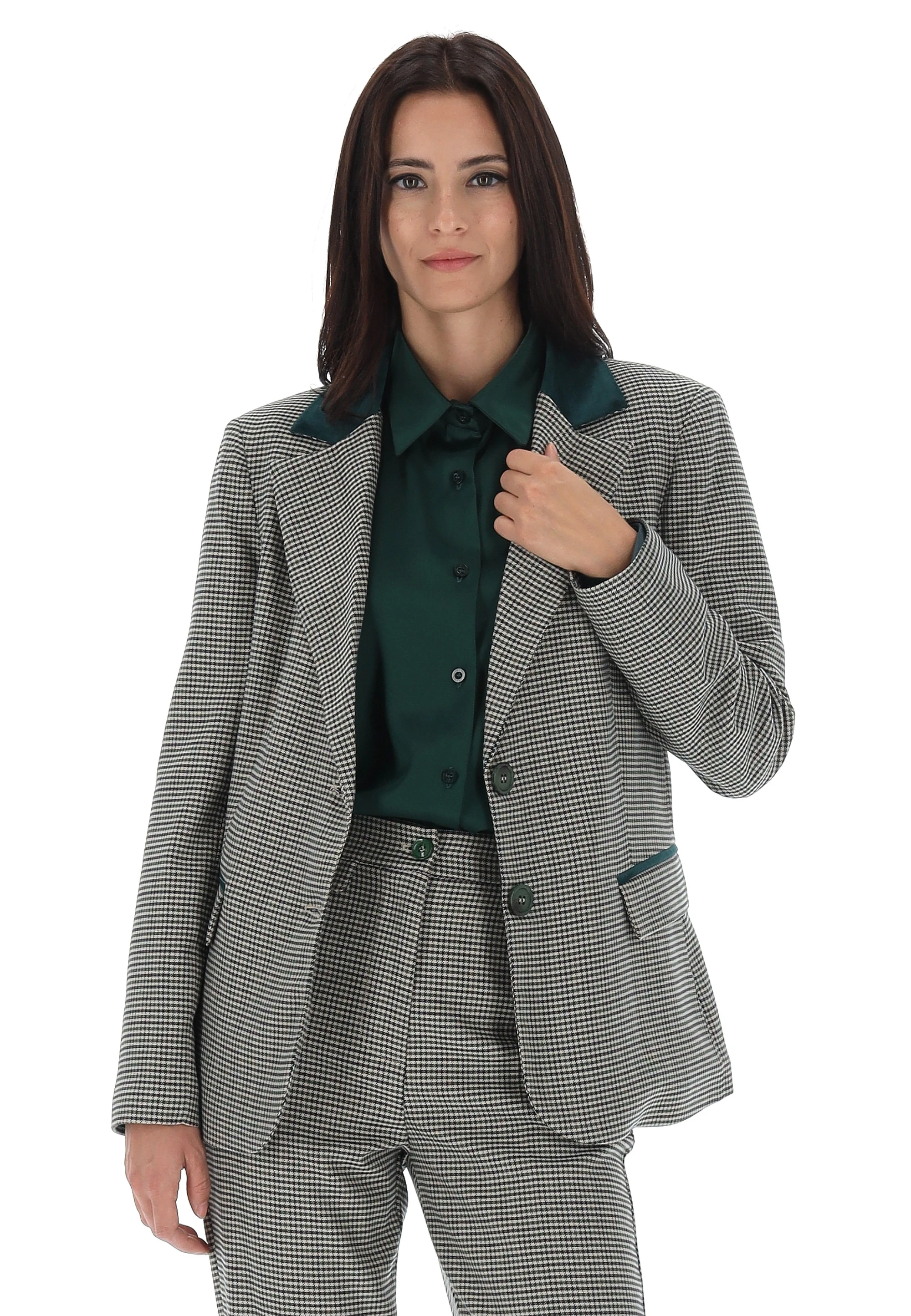 Blazer èks in fantasia pied de poule e profili in velluto